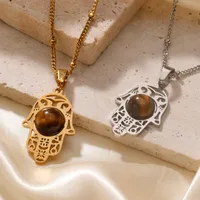 304 Stainless Steel K Gold Plated Rhodium Plated Elegant Streetwear Inlay Palm Natural Stone Pendant Necklace main image 1