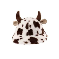 Autumn And Winter New Milk Cow Pattern Horn Fisherman Hat Female Printing Korean Fashion Plush Thick Warm Basin Hat Trendy sku image 2