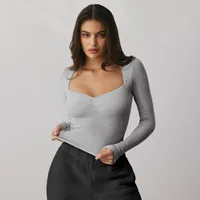 Spring And Summer New  Style Square Collar Long Sleeve Top Sexy Slim Fashion Solid Color Inside sku image 17