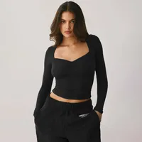 Spring And Summer New  Style Square Collar Long Sleeve Top Sexy Slim Fashion Solid Color Inside sku image 15