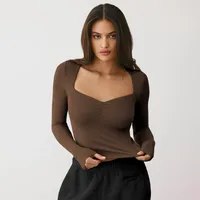 Spring And Summer New  Style Square Collar Long Sleeve Top Sexy Slim Fashion Solid Color Inside sku image 11