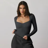 Spring And Summer New  Style Square Collar Long Sleeve Top Sexy Slim Fashion Solid Color Inside sku image 5