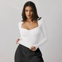 Spring And Summer New  Style Square Collar Long Sleeve Top Sexy Slim Fashion Solid Color Inside sku image 4