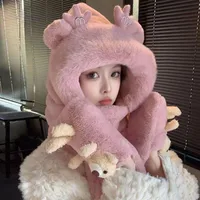 Long Bao Hat Autumn And Winter Women's Scarf Gloves -one Hooded Winter Scarf Cute Warm Plush Winter Three-piece Set main image 2