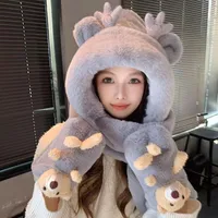 Long Bao Hat Autumn And Winter Women's Scarf Gloves -one Hooded Winter Scarf Cute Warm Plush Winter Three-piece Set main image 3