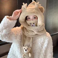 Long Bao Hat Autumn And Winter Women's Scarf Gloves -one Hooded Winter Scarf Cute Warm Plush Winter Three-piece Set main image 4