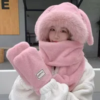 Long Bao Hat Autumn And Winter Women's Scarf Gloves -one Hooded Winter Scarf Cute Warm Plush Winter Three-piece Set sku image 6