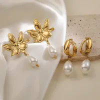 1 Pair Retro Geometric Plating Inlay 304 Stainless Steel Pearl 18K Gold Plated Drop Earrings main image 3