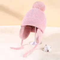 Children's Hat Autumn And Winter New Internet Popular  Fur Ball Wool Hat Fleece-lined Ear Protection Warm Knitted Hat Baby Hat sku image 3