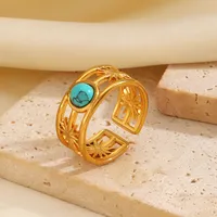 Wholesale Jewelry IG Style Simple Style Round 304 Stainless Steel Malachite Turquoise Tiger Eye 18K Gold Plated Plating Inlay Open Rings main image 4