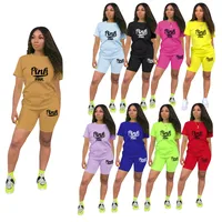 In Stock    Fashion Casual Sports Shorts Short Sleeve Pink Printed Cotton Two-piece Suit main image 1
