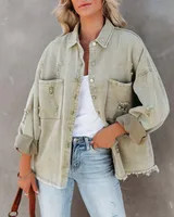 Pure Color Multi-Color Denim Jacket Tear Hole Frayed Hem Ladies Coat Loose Fit Medium Length Polyester Fabric Long Sleeve sku image 5