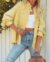 Pure Color Multi-Color Denim Jacket Tear Hole Frayed Hem Ladies Coat Loose Fit Medium Length Polyester Fabric Long Sleeve sku image 2