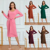 Solid Color Long Sleeve Dress Women Mid-Length Dress Dress Split High Waist Slim Fit Style Macaron Color Design Polyester And Spandex Material main image 1