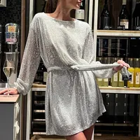 Fashionable Sequin Color Cinched Waist Dress Small Dinner Dress Holiday Party Elegant Long Ankle Fairy Skirt Polyester Fabric main image 3
