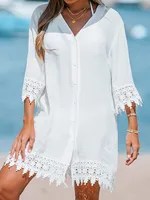 Summer New Ladies Shirt Dress   Sexy Hollow Lace Sunscreen Shirt Beach Dress sku image 2
