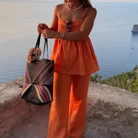 Elegant Casual Fashion Set Loose Solid Color Suspender Trousers Women's Polyester Sleeveless Elegant Commuter Style main image 3