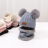 Double-ball Children's Knitted Hat Scarf Two-piece Set Winter Warm  Children's Wool Hat With Velvet Scarf main image 1