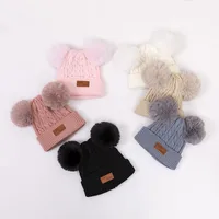 Double-ball Children's Knitted Hat Scarf Two-piece Set Winter Warm  Children's Wool Hat With Velvet Scarf main image 2