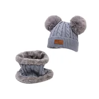 Double-ball Children's Knitted Hat Scarf Two-piece Set Winter Warm  Children's Wool Hat With Velvet Scarf main image 3