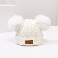 Double-ball Children's Knitted Hat Scarf Two-piece Set Winter Warm  Children's Wool Hat With Velvet Scarf sku image 1