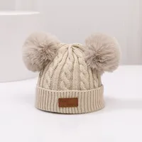 Double-ball Children's Knitted Hat Scarf Two-piece Set Winter Warm  Children's Wool Hat With Velvet Scarf sku image 4