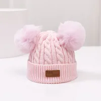 Double-ball Children's Knitted Hat Scarf Two-piece Set Winter Warm  Children's Wool Hat With Velvet Scarf sku image 2
