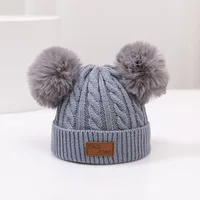 Double-ball Children's Knitted Hat Scarf Two-piece Set Winter Warm  Children's Wool Hat With Velvet Scarf sku image 5