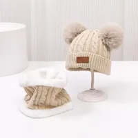 Double-ball Children's Knitted Hat Scarf Two-piece Set Winter Warm  Children's Wool Hat With Velvet Scarf sku image 12