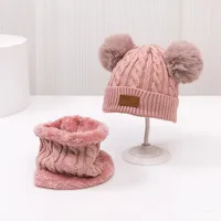Double-ball Children's Knitted Hat Scarf Two-piece Set Winter Warm  Children's Wool Hat With Velvet Scarf sku image 9