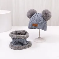 Double-ball Children's Knitted Hat Scarf Two-piece Set Winter Warm  Children's Wool Hat With Velvet Scarf sku image 10