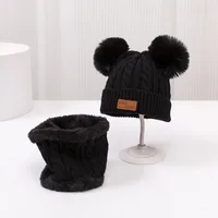 Double-ball Children's Knitted Hat Scarf Two-piece Set Winter Warm  Children's Wool Hat With Velvet Scarf sku image 11
