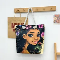 New Tote Bag Beach Bag Bart Color Painting Bag Cartoon Linen Canvas Bag Large Capacity Black Beauty sku image 2