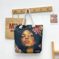 New Tote Bag Beach Bag Bart Color Painting Bag Cartoon Linen Canvas Bag Large Capacity Black Beauty sku image 7