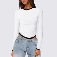 Women's Long Sleeve T-Shirts Contrast Collar Casual Solid Color main image 3