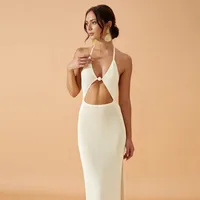 Women's Sheath Dress Elegant Sexy Halter Neck Slit Hollow Out Backless Sleeveless Solid Color Maxi Long Dress Holiday sku image 2