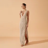 Women's Sundress Elegant Sexy V Neck Thigh Slit Backless Sleeveless Solid Color Maxi Long Dress Beach main image 1