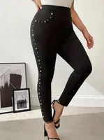 Daily Casual Solid Color Full Length Inlaid Pearls Skinny Pants sku image 5