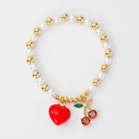 IG Style Cherry Heart Shape Butterfly Artificial Pearl Copper Enamel Inlay Zircon 18K Gold Plated Unisex Bracelets sku image 3