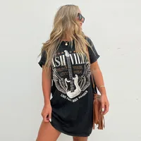 Women's T Shirt Dress Casual Round Neck Short Sleeve Guitar Letter Wings Above Knee Daily main image 1