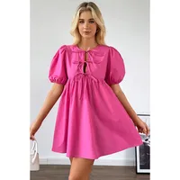 Women's T Shirt Dress Casual Elegant Round Neck Bowknot Short Sleeve Solid Color Above Knee Daily main image 2