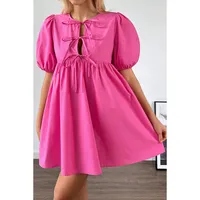 Women's T Shirt Dress Casual Elegant Round Neck Bowknot Short Sleeve Solid Color Above Knee Daily main image 3