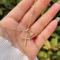 Retro Classic Style Cross Heart Shape Copper Inlay Zircon 18K Gold Plated Women's Pendant Necklace main image 3