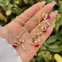 Retro Classic Style Cross Heart Shape Copper Inlay Zircon 18K Gold Plated Women's Pendant Necklace main image video