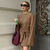 Women's Sheath Dress Casual Elegant Round Neck Bowknot Long Sleeve Solid Color Above Knee Daily main image 2