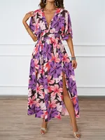 Women's Chiffon Dress Casual Elegant V Neck Slit Short Sleeve Flower Midi Dress Daily sku image 20