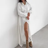 Women's Shirt Dress Elegant Turndown Slit Long Sleeve Solid Color Maxi Long Dress Holiday Daily main image 2
