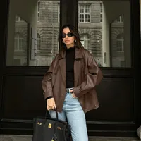Women's Casual Solid Color Double Breasted Leather Jacket sku image 1