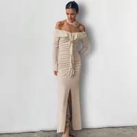 Women's Trumpet Dress Vacation Simple Style Boat Neck Ruffles Long Sleeve Solid Color Maxi Long Dress Holiday main image 1