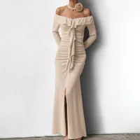 Women's Trumpet Dress Vacation Simple Style Boat Neck Ruffles Long Sleeve Solid Color Maxi Long Dress Holiday main image 2